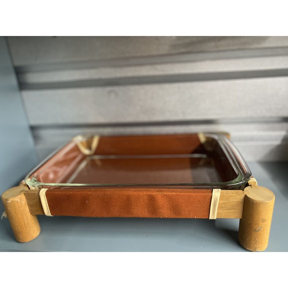 Vintage Pyrex “Baker in a Hammock” Casserole Dish with Mid-Century Modern Stand